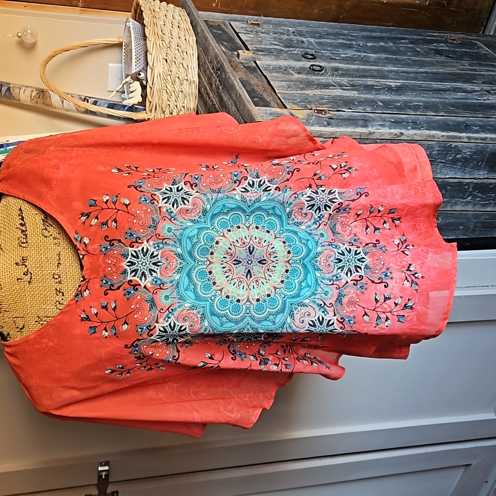 Masseys Mandela print orange L  blouse with tee attached. Worn twice.